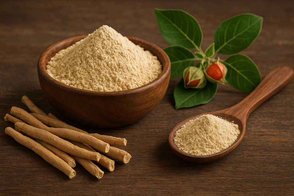 Na zdjęciu przedstawiono ashwagandhę w trzech formach: sproszkowaną w miseczce i łyżce, suszone korzenie oraz świeże liście z charakterystycznymi czerwonymi owocami. Kompozycja na drewnianym tle podkreśla naturalny charakter tej rośliny adaptogennej.