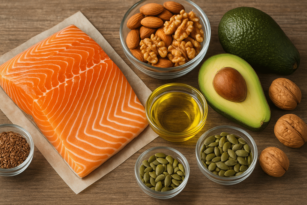 łosoś leżący na stole z innymi źródłami zdrowych tłuszczy