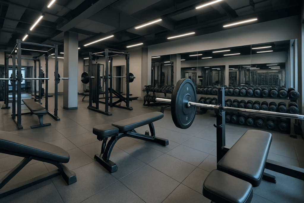 Nowoczesna siłownia z profesjonalnym sprzętem do treningu siłowego, widok panoramiczny na przestronne, jasne wnętrze wyposażone w hantle, sztangi, ławki, stojaki i maszyny. Czyste i motywujące otoczenie idealne do budowania masy mięśniowej i poprawy kondycji.